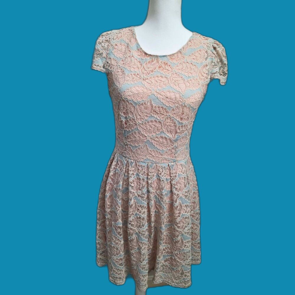 Cutout Pink Floral Lace Blue Lined Open Back Fit & Flare Dress